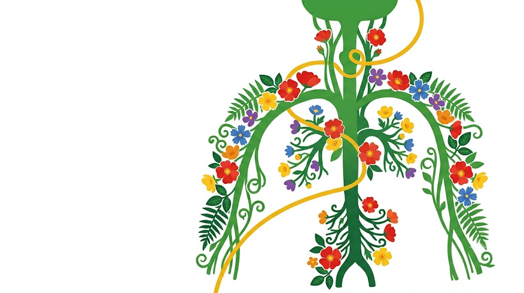 A flat vector illustration of a human vagus nerve with folk-art flowers tucked along its outline on white.