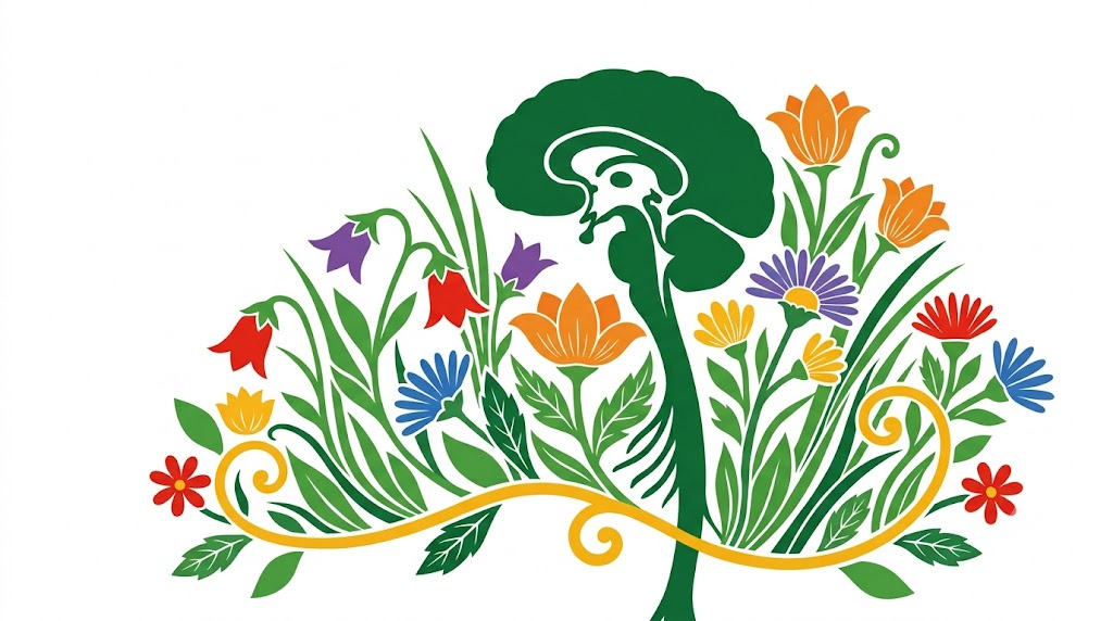 A flat vector folk-art illustration of a brainstem with a long nerve running down into the chest, framed by stylised foliage.