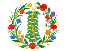 A flat folk-art vector illustration of a human cervical spine framed by stylised flowers, leaves and curling vines on white.
