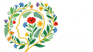 Flat vector illustration of a head in profile framed by folk-art blooms and trailing vines.