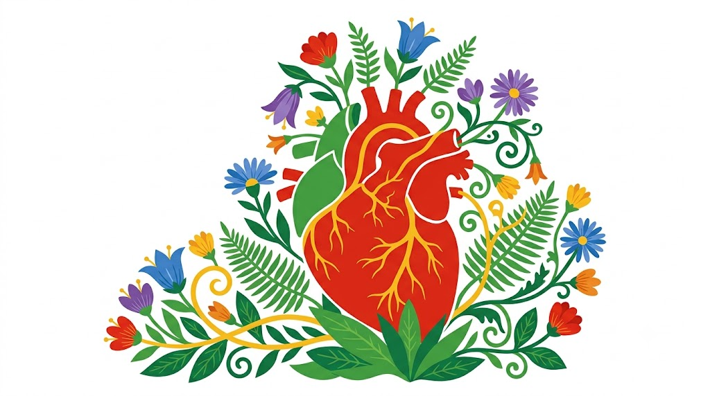 A flat folk-art vector illustration of a human heart and aorta framed by stylised flowers and vines on white.