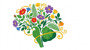 A flat folk-art illustration of a human brainstem with wild roses, buttercups and fern fronds arching over it from the top.