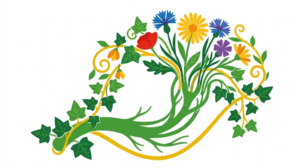 A flat folk-art vector illustration of the vagus nerve with cornflowers, daisies and ivy arching over it on a white background.