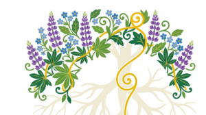 A flat folk-art vector illustration of a branching pale vagus nerve among stylised lupins, leaves and a golden vine on a white background.