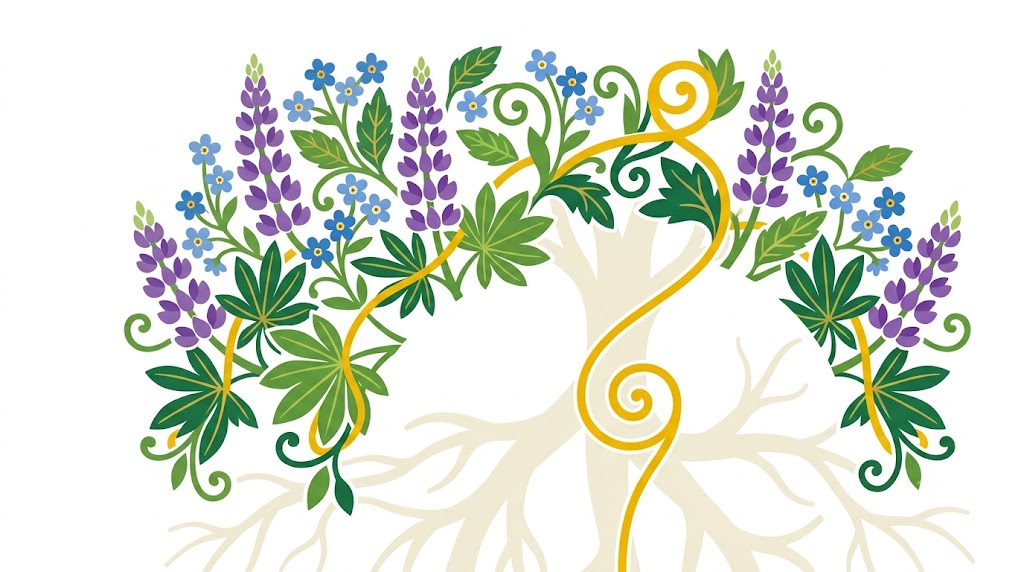 A flat folk-art vector illustration of a branching pale vagus nerve among stylised lupins, leaves and a golden vine on a white background.