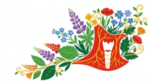 A flat folk-art vector illustration of a human throat decorated with stylised flowers on white.