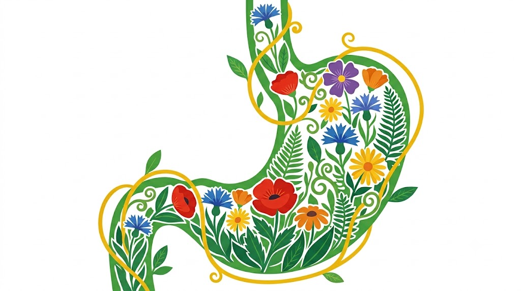 A flat folk-art vector illustration of the oesophagus and stomach filled with cornflowers, daisies and fern fronds.