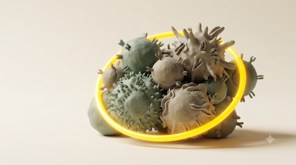A sculpted matte clay cluster of immune cells, marked by one bright golden light element.