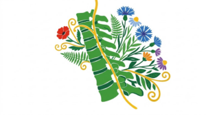 A flat folk-art illustration of a stack of cervical vertebrae with a diagonal spray of cornflowers, daisies and fern fronds fanning out from one side.