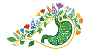 A flat folk-art vector illustration of a human stomach and small intestine with stylised flowers, leaves and a golden vine on a white background.