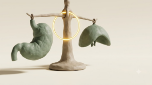 Clay balance scales holding a sage-green stomach and diaphragm in near equilibrium, with a glowing golden ring at the pivot.