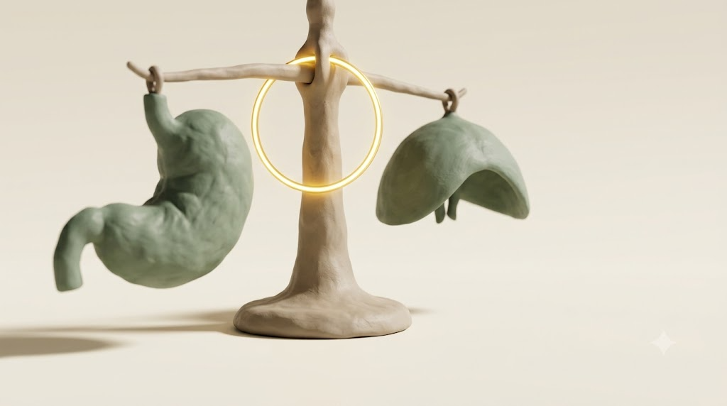 Clay balance scales holding a sage-green stomach and diaphragm in near equilibrium, with a glowing golden ring at the pivot.