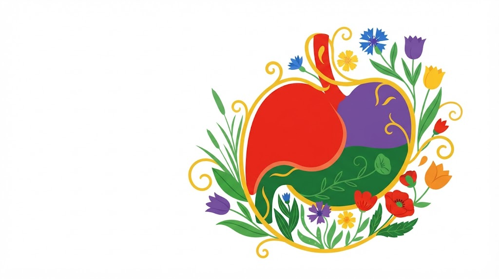 Flat vector illustration of a human diaphragm and stomach with stylised poppies, tulips and grasses climbing up around them.