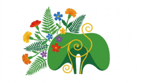 A flat folk-art vector illustration of a human diaphragm with marigolds and fern fronds fanning from one side.
