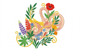 A flat folk-art vector illustration of a human inner ear with lupins and forget me nots climbing around it.