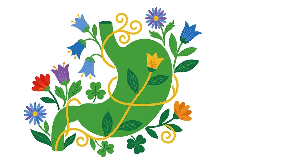 A flat folk-art vector illustration of a human stomach with bellflowers and asters climbing around it.