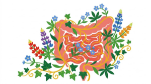 A flat vector folk-art illustration of a coiled human small intestine surrounded by stylised poppies, tulips and a golden vine on a white background.