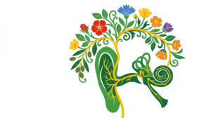 A flat folk-art vector illustration of a human inner ear framed by stylised flowers and curling vines on white.