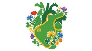 A flat folk-art vector illustration of a human heart edged with clusters of cornflowers and daisies.