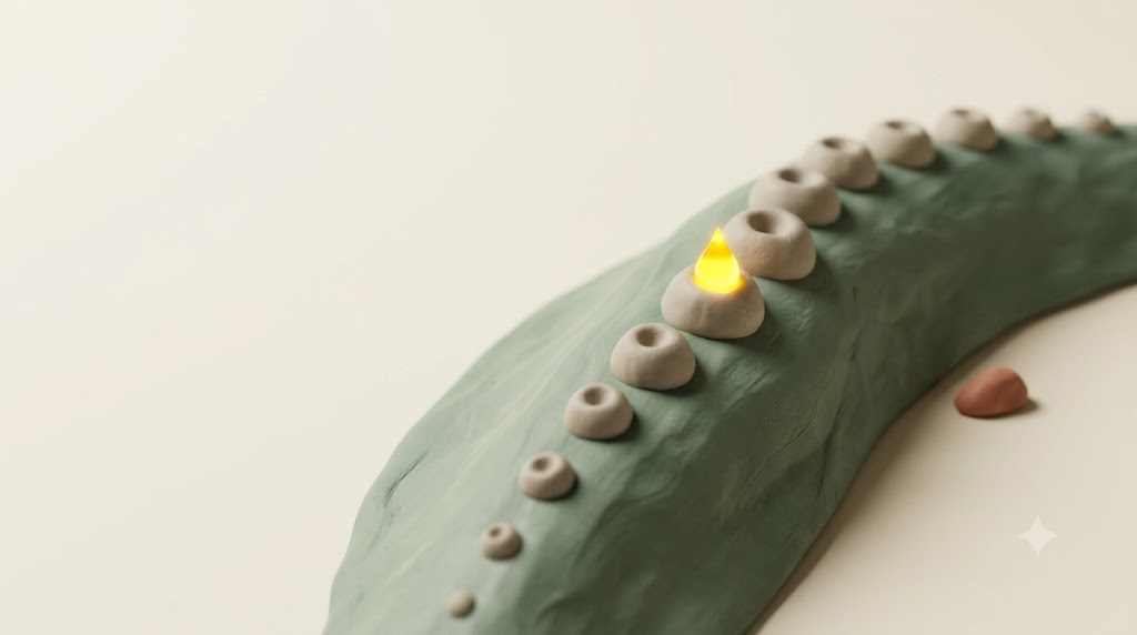 Soft matte clay 3D render of a row of tiny pore-like domes along a curved sage-green ridge, with one dome releasing a single bright luminous golden droplet, symbolizing the vagus nerve link to sweating