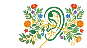 A flat folk-art vector illustration of a human ear framed by mirrored sprays of marigolds, blossoms and olive sprigs on a white background.