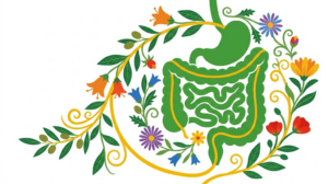 Flat vector illustration of the human digestive tract surrounded by folk-art flowers and foliage.