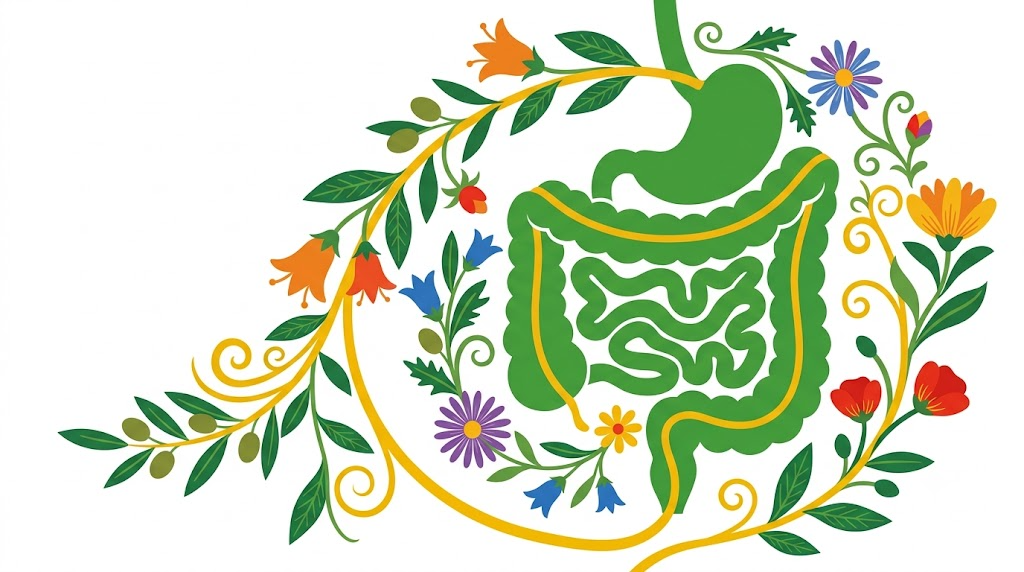 Flat vector illustration of the human digestive tract surrounded by folk-art flowers and foliage.