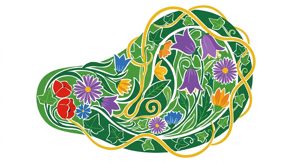 A flat vector folk-art illustration of a human outer ear on a white background.