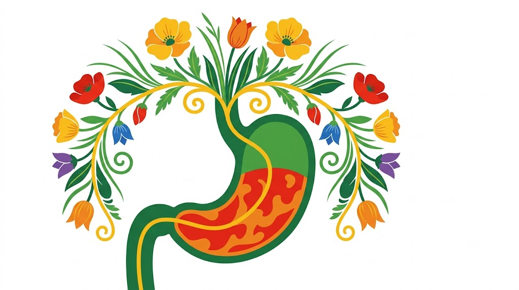 A flat vector folk-art illustration of a human stomach with an inflamed lining, framed by stylised foliage.