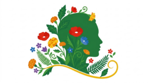 A flat folk-art vector illustration of a human head in profile with marigolds, blossoms and ferns climbing around it on white.