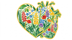 A flat folk-art vector illustration of a human heart filled with lupins, forget me nots and grasses like stained glass.