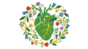 A flat folk-art vector illustration of a human heart framed by stylised marigolds, blossoms and curling vines on a white background.
