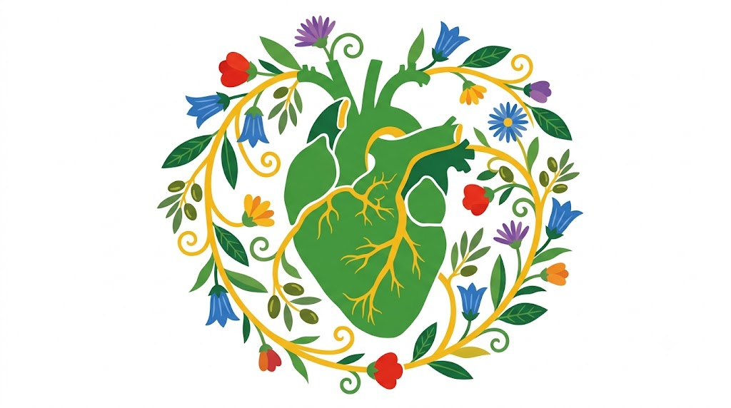 A flat folk-art vector illustration of a human heart framed by stylised marigolds, blossoms and curling vines on a white background.