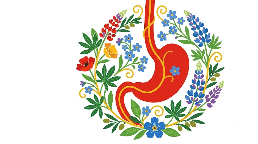 Flat vector illustration of a stomach and lower oesophagus encircled by a folk-art wreath of lupins and forget-me-nots.