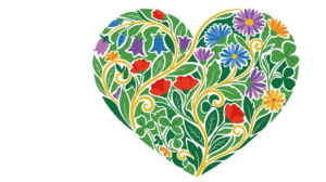 A flat vector folk-art illustration of a human heart surrounded by stylised flowers and a golden vine on a white background.