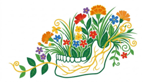 A flat folk-art vector illustration of a human jaw framed by stylised flowers and curling vines on white.