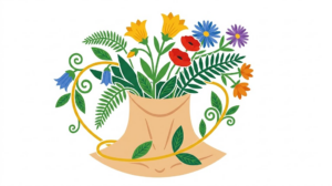 A flat folk-art vector illustration of a human neck with bellflowers, asters and ferns arching over it on white.