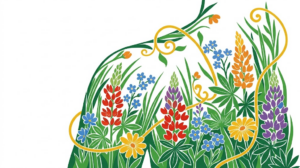 A flat folk-art vector illustration of a human shoulder filled with lupins, forget me nots and grasses.