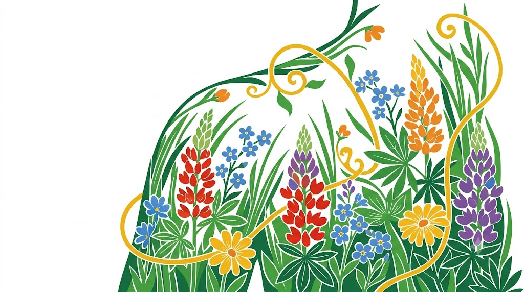 A flat folk-art vector illustration of a human shoulder filled with lupins, forget me nots and grasses.
