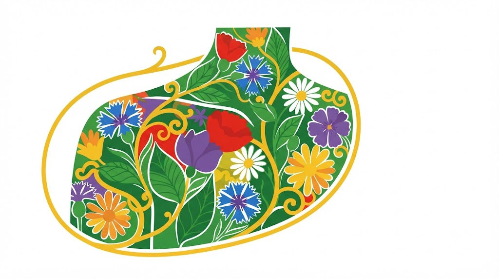 Flat vector illustration of a human shoulder and collarbone filled edge to edge with stylised cornflowers and daisies like a stained glass panel.