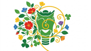 A flat folk-art vector illustration of a human throat and larynx with a spray of stylised wild roses fanning out to one side.