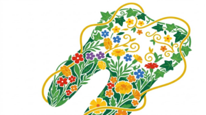 Flat vector illustration of a molar tooth surrounded by folk-art flowers and foliage.