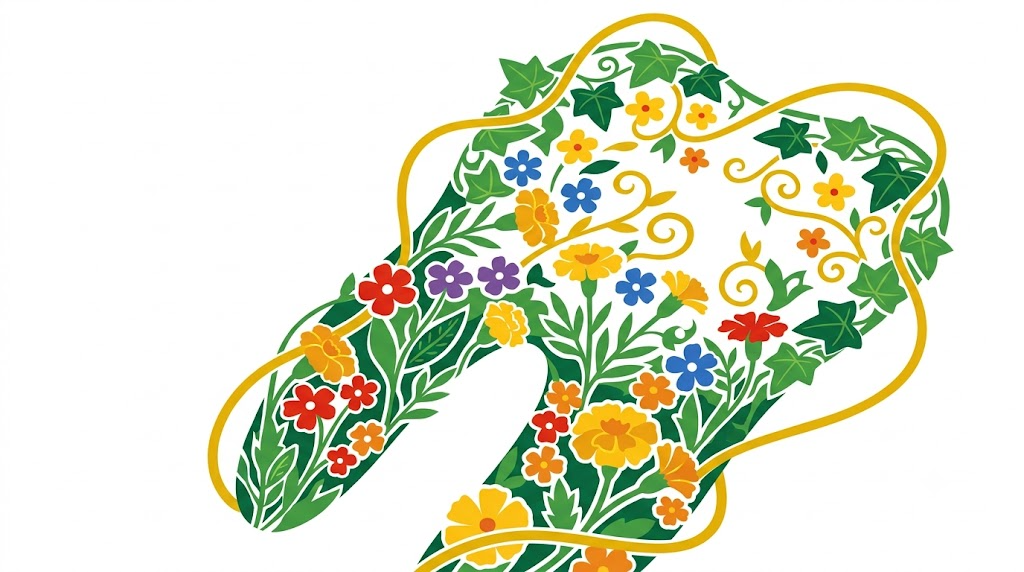 Flat vector illustration of a molar tooth surrounded by folk-art flowers and foliage.