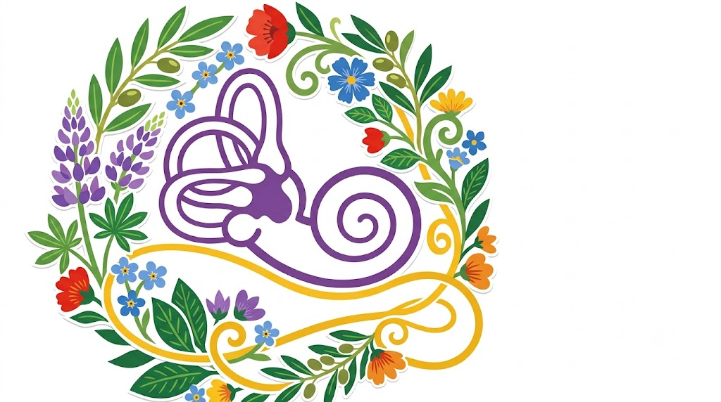 A flat folk-art vector illustration of the inner ear encircled by a wreath of lupins, forget me nots and olive sprigs on a white background.
