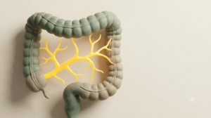 A sculpted matte clay coiled large intestine, marked by one bright golden light element.