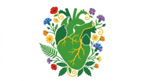 A flat folk-art vector illustration of a human heart among stylised flowers and curling vines on a white background.