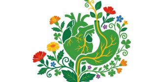 Flat vector illustration of a heart and stomach side by side, framed by folk-art flowers.