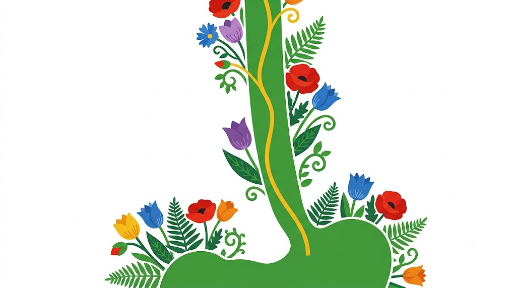 A flat folk-art vector illustration of a human oesophagus framed by stylised flowers and curling vines on white.