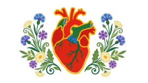 A flat folk-art illustration of a human heart with its major blood vessels, set between mirrored sprays of cornflowers, daisies and olive sprigs.