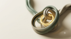 Macro clay ribbon of sage and putty looping through itself, encircled by one glowing golden ring of light.